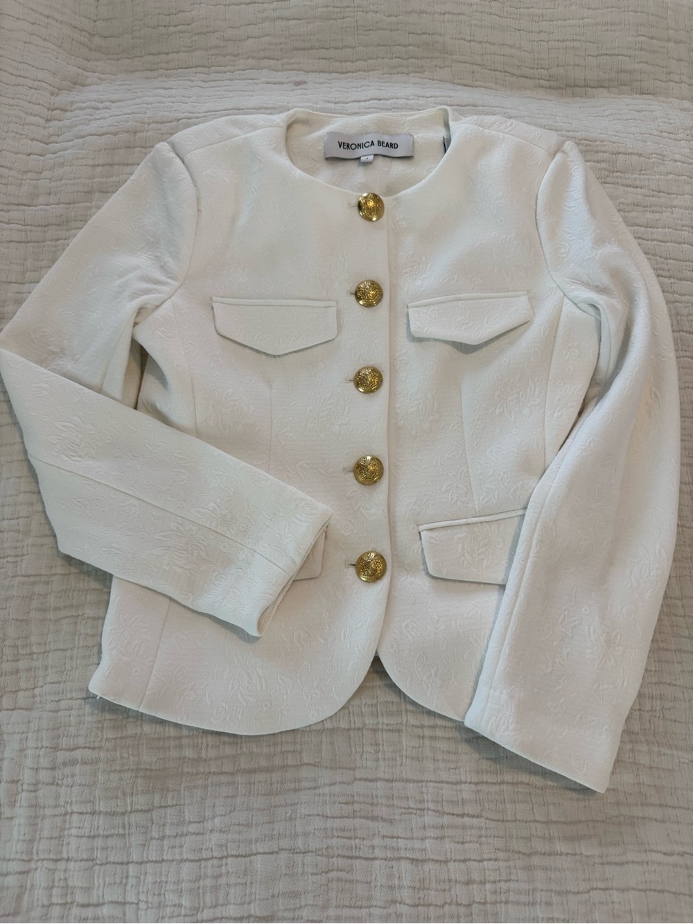 Veronica Beard White Textured Gold-Button Jacket GUC 1396